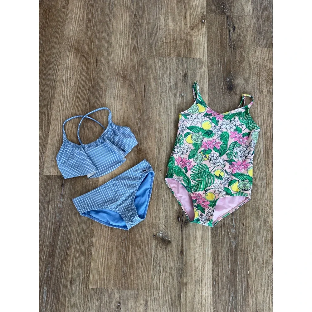 Vineyard Vines Preppy Swimwear Girls 5-6 Blue Whale Floral Bikini One-Piece Set